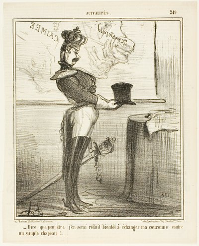 "- É difícil imaginar que um dia possa ter de trocar a minha coroa por um simples chapéu", placa 249 do Actualités de Honoré Victorin Daumier