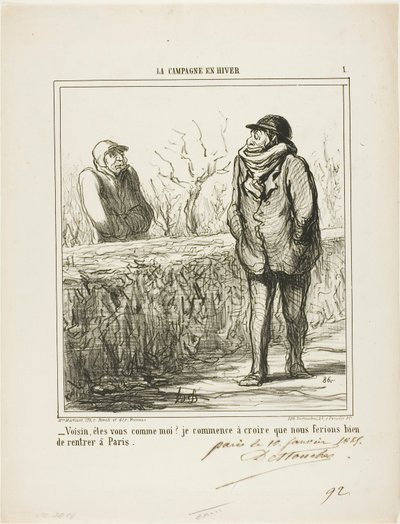 "- Olá, vizinho, és como eu Começo a pensar que faríamos bem em regressar a Paris", chapa 1 de La Campagne En Hiver de Honoré Victorin Daumier