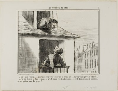 "- Olá, vizinho... que gritaria foi esta... viste o cometa - Pensei que o tinha visto ali... mas depois era apenas o fogo de uma chaminé... desta vez escapámos sem mais do que um susto", chapa 3 de La Cométe De 1857 de Honoré Victorin Daumier
