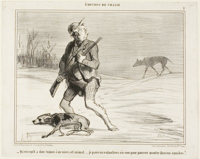 "- Pergunto-me porque é que esta besta me segue a toda a hora... Pagarei de bom grado 6 sous para entrar num autocarro", placa 1 de Émotions De Chasse de Honoré Victorin Daumier