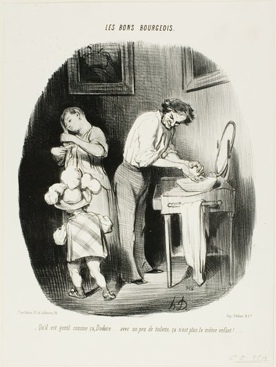 "- Não é bonito assim, Dodore... com um pouco de limpeza, já não é a mesma criança!...", chapa 37 de Les Bons Bourgeois de Honoré Victorin Daumier
