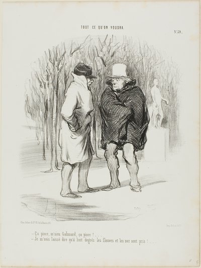 "- Está um frio de rachar, Sr. Galimard, está um frio de rachar!... - Permita-me que lhe diga que a 8 graus os rios e os narizes estão gelados...", chapa 39 de Tout Ce Qu