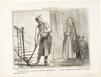 "- É inútil mostrar-vos o meu apartamento. Não alugamos a mães com filhos", placa 1 de Les Portiers De Paris de Honoré Victorin Daumier