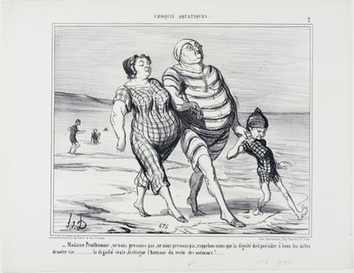 "- Senhora Prudhomme, não nos apressemos, recordemos que a dignidade deve presidir a todos os actos da vida... só a dignidade distingue o homem do resto dos animais", placa 2 de Croquis Aquatiques de Honoré Victorin Daumier