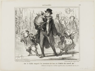 "- Que o diabo apanhe o inventor de todas estas prendas de Ano Novo!" Reflexão de um pai parisiense sensível, generoso mas atormentado, placa 476 de Actualités de Honoré Victorin Daumier