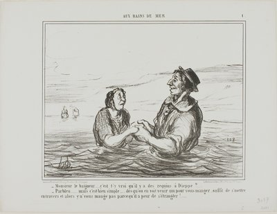 "- Sr. Salva-vidas .... É verdade que há tubarões em Dieppe - Claro que sim... mas é muito simples... assim que vires um a vir comer-te, só tens de te deitar de lado. Ele não o comerá por medo de se engasgar até à morte", prato 1 de Aus Bains D de Honoré Victorin Daumier