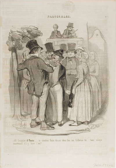 "- Então, Gringalet de Paris!.... dançarás duas vezes com a minha Catherine ...... tenta agora fazer-lhe olhinhos de ovelha", placa 27 de Pastorales de Honoré Victorin Daumier