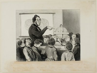 "- Amanhã vamos estudar Saturno. Quero que prestem especial atenção a este grande planeta.... que, muito provavelmente, nunca na vossa vida terão a oportunidade de ver!", placa 18 de Professeurs Et Moutards de Honoré Victorin Daumier