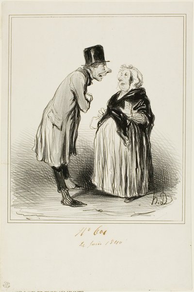 "- Bem, sim, é verdade, a filha de Mame Chopin casou-se ontem com o filho de Durand. Acabo de falar com o jovem e, pelo que ele me disse (em total confidência), ela deve ter tido alguns estranhos antes dele...", placa 6 de Les Parisiens de Honoré Victorin Daumier