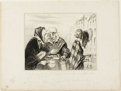 "- Que confusão está a fazer esta cara de azeda do quinto andar! Usar um chapéu só para comprar dois copos de leite por um sou! - Oh, Madame Capitaine, não é que hoje estamos elegantes...", chapa 36 Tipos Parisienses de Honoré Victorin Daumier