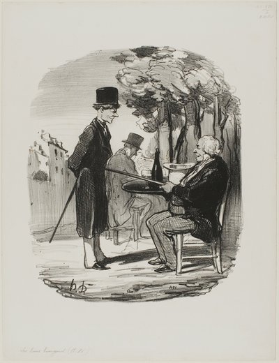 "- Não vai beber a sua garrafa de cerveja connosco esta noite... Posso dizer que estás a dar um jantar privado hoje, seu patife...", prato 81 de Les Bons Bourgeois de Honoré Victorin Daumier
