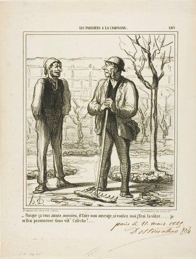 "- Parece gostar de fazer o meu trabalho. Em troca, poderia oferecer-me para fazer o seu trabalho: Vou dar uma volta na sua carruagem!", placa 249 de Les Parisiens A La Campagne de Honoré Victorin Daumier
