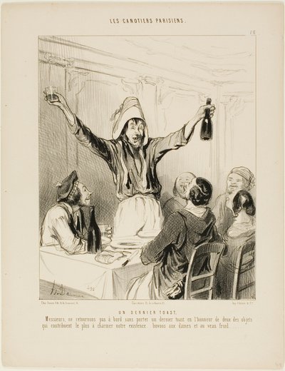 Um último brinde! "Cavalheiros, não regressemos a bordo sem um último brinde em honra das duas coisas que, acima de tudo, dão encanto às nossas vidas... brindemos às senhoras e à vitela fria!", prato 18 de Les Canotiers Parisiens de Honoré Victorin Daumier