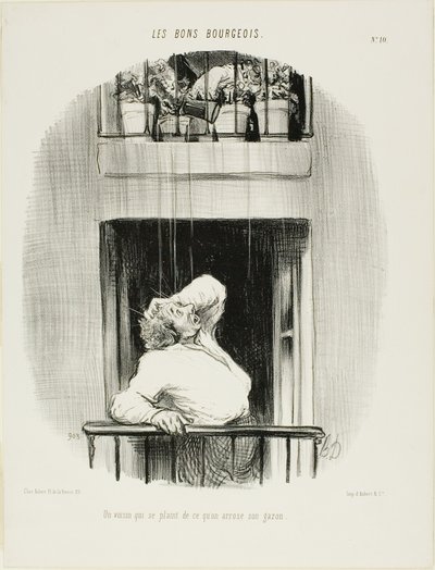 Um vizinho que se queixa da rega do seu relvado, prato dez de Les Bons Bourgeois de Honoré Victorin Daumier