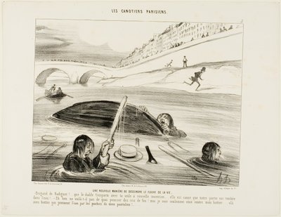 Uma nova forma de flutuar no rio da vida. - Radiguet, seu malandro, para o inferno contigo, com o teu barco e com a tua nova invenção.... é por tua culpa que todo o passeio foi por água abaixo. - Vá lá, vá lá.... não há razão para gritar o inferno. Estou a de Honoré Victorin Daumier