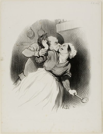 O regresso da juventude. "Grita o quanto quiseres, seu diabinho.... a minha mulher não está em casa.... arranca-me o cabelo à vontade!", placa 50 de Les beaux Jours de la vie de Honoré Victorin Daumier