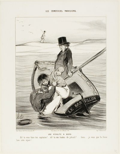 Uma revolta a bordo. "- Ah! queres ser o teu próprio capitão!... - Ah! estás a tratar-me como um idiota... ei... Espero que o Sena lave esse insulto!", chapa 13 de Les Canotiers Parisiens de Honoré Victorin Daumier