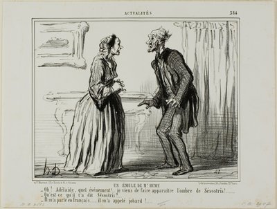 Um Rival do Sr. Hume. "- Oh Adelaide, que experiência.... Acabei de fazer aparecer a sombra de Sesóstris à minha frente! - E o que é que Sesostris lhe disse - Falou comigo em francês... e chamou-me caneca!", placa 384 de Actualités de Honoré Victorin Daumier