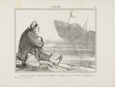 Um passageiro, depois de ter pago o seu bilhete para NOVA IORQUE no LEVIATHAN, espera que o navio seja finalmente lançado à água, chapa 479 de Actualités de Honoré Victorin Daumier