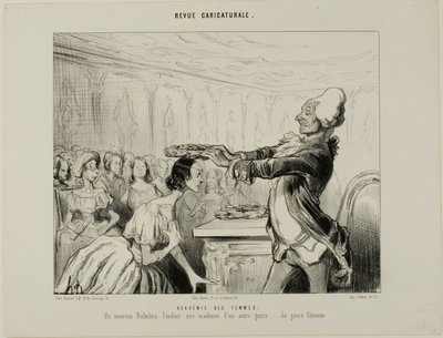 Academia das Mulheres. Um novo Richelieu, fundando uma nova Academia de um género diferente.... do género feminino, placa 33 da Revue Caricatureale de Honoré Victorin Daumier