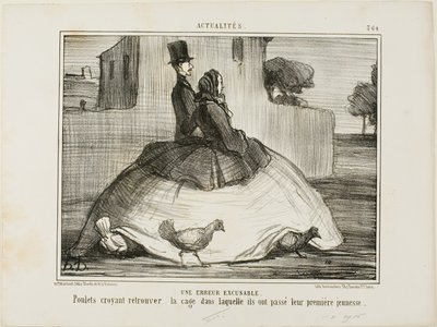 Um erro desculpável. Galinhas que pensam ter encontrado a gaiola onde passaram a sua primeira infância, placa 21 de La Crinolomanie de Honoré Victorin Daumier