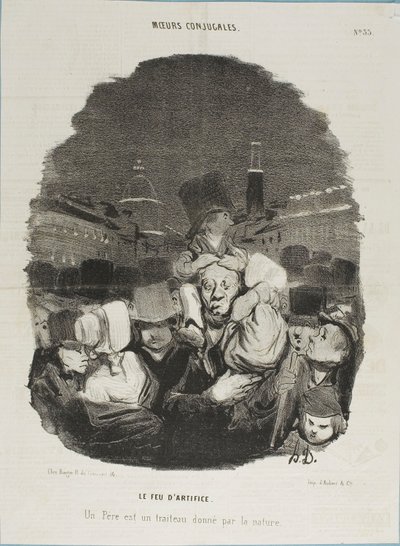 No espetáculo de fogo de artifício. Um pai é um cavalo de tração, fornecido pela natureza, placa 33 de Moeurs Conjugales e placa 14 em Actualités de Honoré Victorin Daumier