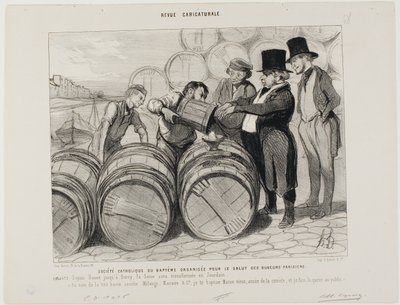 Estabelecida uma sociedade católica de batismo para todos os bêbados de Paris. (Artigo 1) De Rouen a Bercy, o Sena transformar-se-á no rio Jordão. "Em nome da grande sociedade Mélange, Macaire  Co. batizo-vos "velho Macon", grand cru do de Honoré Victorin Daumier