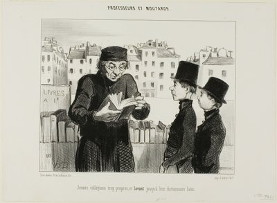 Jovens estudantes do liceu limpos, tentam mesmo vender o seu dicionário de latim, placa 24 de Professeurs et Moutards (Professores e Malandros) de Honoré Victorin Daumier