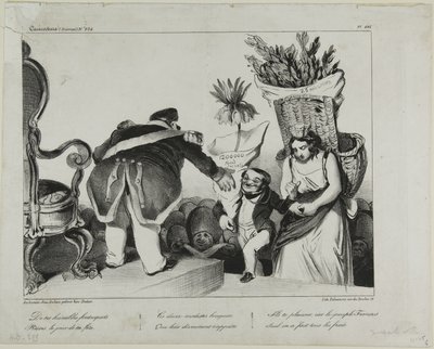 "Dos vossos súbditos obedientes recebei, no vosso dia de honra, estes dois modestos ramos de flores. Elas alegrar-vos-ão, pois só o povo francês assumiu as despesas", chapa 486 de Honoré Victorin Daumier
