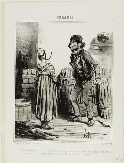"Ha! Dammmmmnit wife... how much funnn we had when we were eighteen.... no men no women..... just us people from Auvergne," placa 5 de Vulgarités de Honoré Victorin Daumier