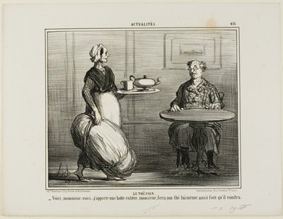 Chá de ervas. "Aqui está, Monsieur, pensei em trazer o pacote inteiro de feno para que possa decidir por si mesmo a intensidade do seu chá", placa 416 de Actualités de Honoré Victorin Daumier