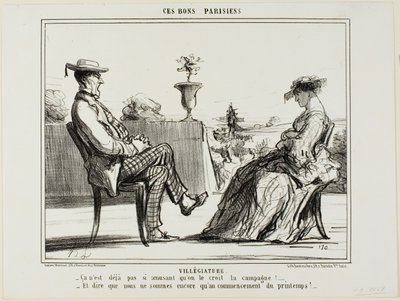 Férias no campo. "- A vida no campo não é assim tão divertida, como se costuma dizer. - E pensar que a primavera ainda agora começou", prato 14 de Ces Bons Parisiens de Honoré Victorin Daumier