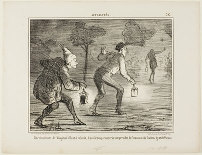 Horticultores de Nanterre em bicos de pés, à meia-noite, em direção ao cato grandiflorus para o surpreender na sua floração, placa 323 de Actualités de Honoré Victorin Daumier