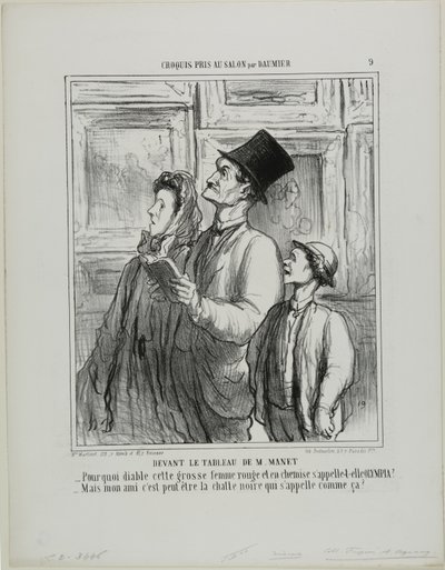 Olhando para o quadro de Manet. "- Porque raio se chama Olímpia a esta mulher gorda e ruiva de camisa de noite - Mas, minha querida, talvez seja esse o nome do gato preto", placa 9 de Croquis Pris Au Salon par Daumier de Honoré Victorin Daumier