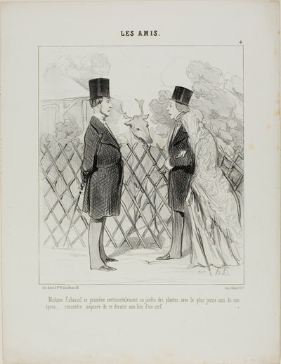 Madame Cabassol num passeio romântico no jardim botânico com a mais jovem amiga do seu marido. Encontro súbito com este último não muito longe de um veado, chapa 4 de Les Amis de Honoré Victorin Daumier