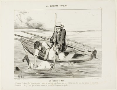 Homem ao mar! "- Arpoem-no com mais firmeza!.... não o conseguimos apanhar de outra forma! E tu, segura-lhe as pernas no ar, isso é muito importante.... Não há nada no mundo que faça apanhar uma constipação mais depressa do que molhar os pés", placa 14 de  de Honoré Victorin Daumier