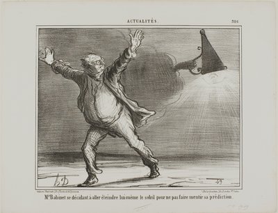 Monsieur Babinet decide desligar pessoalmente o sol para que as suas previsões se cumpram, placa 386 de Actualités de Honoré Victorin Daumier