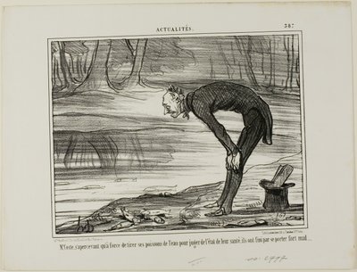 O Sr. Coste constata que os peixes que retira da água para analisar o seu estado de saúde acabam por não se sentir nada bem, placa 387 de Actualités de Honoré Victorin Daumier
