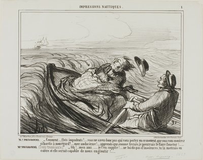 Sr. Prudhomme: "- Ondas detestáveis.... não sabeis quem levais neste momento... oh audacioso... sabei que, como Xerxes, vos chicotearei terrivelmente. Sr.ª Prudhomme: (tremendo de medo) "- Por favor, meu caro amigo, não ofenda mais o mar... de Honoré Victorin Daumier