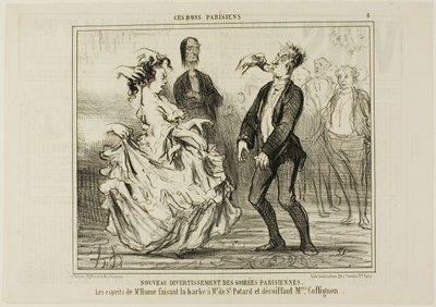 Novo entretenimento nas festas parisienses. O espírito do Sr. Hume a rapar a barba do Sr. de St. Potard e a desfazer o cabelo da Sra. Coffignon, placa 8 de Ces Bons Parisiens de Honoré Victorin Daumier