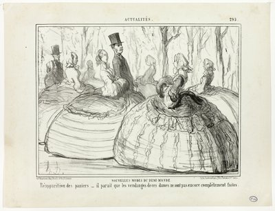 Nova moda do meio mundo. Reaparecimento dos cestos - parece que estas senhoras ainda não terminaram a sua colheita, prato 295 de Actualités de Honoré Victorin Daumier
