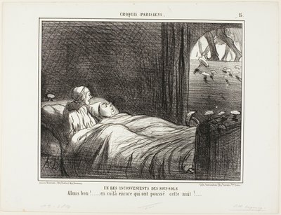Uma das desvantagens de viver na cave. "Olha, aqui estão mais algumas que cresceram ontem à noite...", prato 15 de Croquis Parisiens de Honoré Victorin Daumier