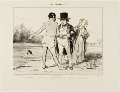 "Perdão, Mayor.... poderia ter a amabilidade de me dizer se é permitido nadar aqui", placa 25 de Les Baigneurs de Honoré Victorin Daumier