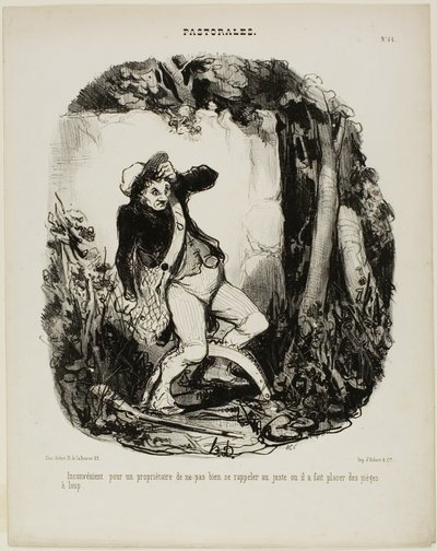 É bastante embaraçoso não se lembrar onde se esconderam as armadilhas para lobos, placa 44 de Pastorales de Honoré Victorin Daumier