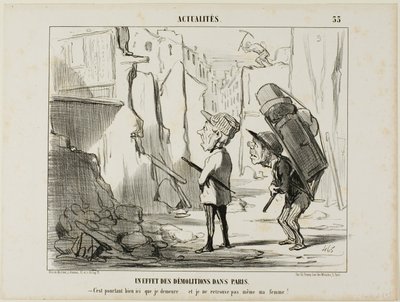 Resultado da demolição de edifícios em Paris. "- Afinal, era aqui que eu vivia.... e já nem sequer consigo encontrar a minha mulher", chapa 55 de Actualités de Honoré Victorin Daumier
