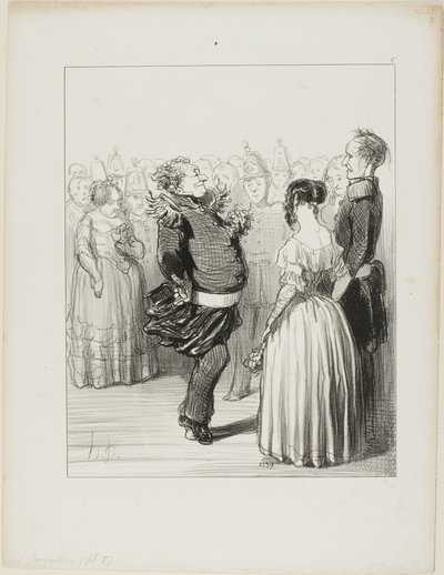 Rifolard abre a bola e executa um passo de dança ousado para a frente, que recebe muitos elogios, prato 5 de Les Banqueteurs de Honoré Victorin Daumier