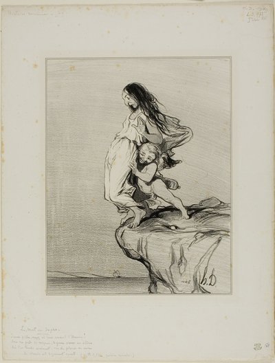 A morte de Safo. "Jovens senhoras, vedes onde o amor nos leva Sob os nossos pés tão delicados e pequenos O miserável abismo de um abismo No qual acabamos por cair", placa 49 de Histoire Ancienne de Honoré Victorin Daumier