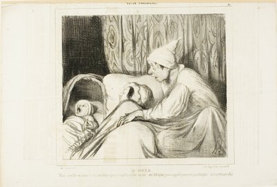 Sentido da audição. "- Acorda a Nini!.... Estou a chamá-la há mais de uma hora e ela responde sempre: sim, Adolphe. Mas nem o nome da criança nem o meu são Adolphe!", chapa 41 de Types Parisiens de Honoré Victorin Daumier