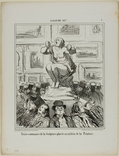 O desprazer de uma escultura colocada no meio de uma exposição de pinturas, placa 5 do Salon de 1857 de Honoré Victorin Daumier