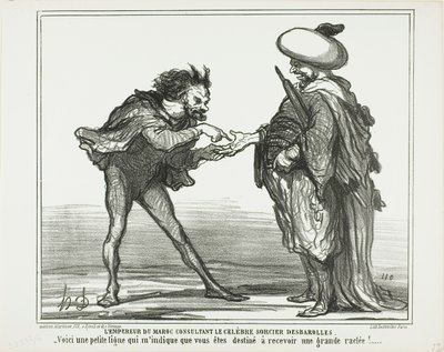 O Imperador de Marrocos em consulta com o famoso mágico Desbarolles. "- Esta pequena linha aqui indica-me que vai levar uma sova real!", chapa 126 de Actualités de Honoré Victorin Daumier